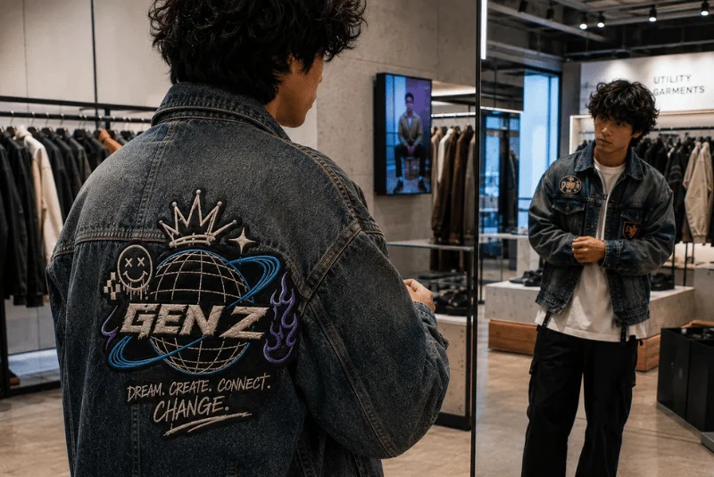 Custom embroidered patch on denim jacket streetwear