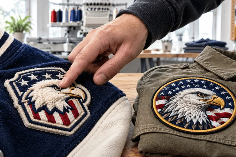 Custom felt embroidered eagle patches on jackets