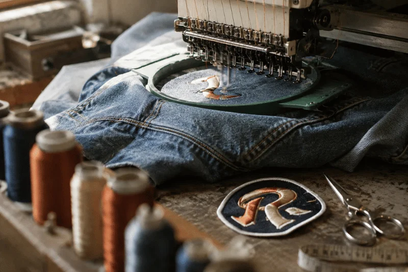 Embroidery machine stitching denim jacket patch